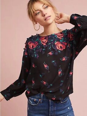 Maeve Anthropologie Ditsy Gardenia Boat Neck Linen Blend Top Balloon Sleeves XS